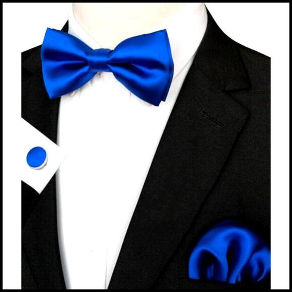 Silk Blend Pre-Tied Bow Tie Set with Pocket Square Cufflinks Classic Elegant - Picture 2 of 4